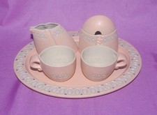 SERVIZIO COLAZIONE COPPIA TAZZINE ZUCCHERIERA LATTIERA VASSOIO TERRACOTTA ROSA