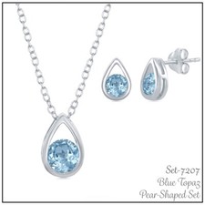 Sterling Silver Pear-Shaped Round Blue Topaz Necklace and Earrings Set