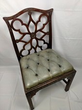 Sedia Chesterfield legno mogano e pelle verde capitonnè originale inglese 1900