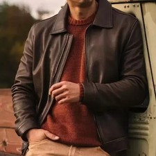 NUOVO Giubbotto Pelle Uomo Vera Marrone Racer Morbido Pura Pelle di Pecora Cappotto Pelle