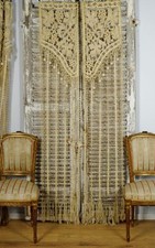 Favolosa coppia di tende lunghe antiche francesi Richelieu in pizzo e uncinetto con frange