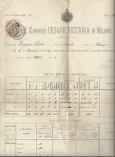 Marca da Bollo da lire una su pagella Ginnasio Cesare Beccaria anno 1882