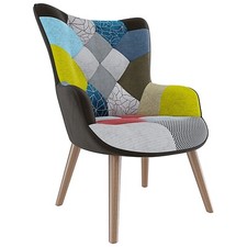 Poltrona tessuto patchwork sedia imbottita design moderno braccioli gambe legno