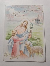 Cartolina 1942 Buona Pasqua Gesù con bambina e agnello, viaggiata Arezzo