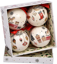 - Set 4 Sfere Decoupage Ornamentali Happy Holidays (Ø7,5Cm) Con Nastro in Tessut