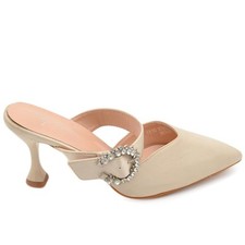 Decollete' donna tacco sottile 8 comfort beige in raso  open toe con accessorio 