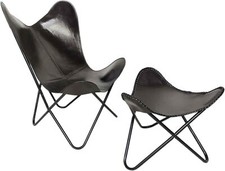 Fatto a Mano Nero Pelle Farfalla Sedia Con Poggiapiedi Pieghevole Relax Poltrona