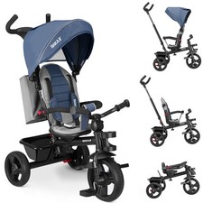Triciclo per Bambini 5in1 Cappottina Pedali e Manico Antiscivolo Ergonomico Blu