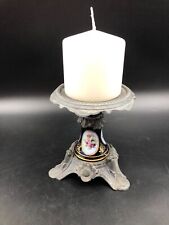 CANDELABRO porta candela grande peltro gamba porcellana Limoges cobalt evocativo