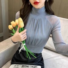 Blusa Corto Donna Maglia Manica Lunga Slim Fit Lucida Pieghettata