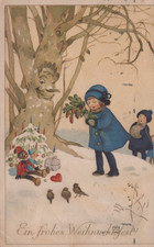 CARRTOLINA  AUGURALE BUON NATALE BAMBINI FELICITA REGALI SPERANZA VIAGGIATA 1926