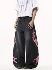 Jeans larghi con strappi e ricami, pantaloni larghi alla moda, unisex 