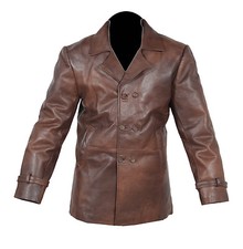 Giacca Peacoat In Vera Pelle Di Mucca Marrone Distressed Vintage Da Uomo