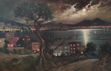 Veduta notturna del Golfo di Napoli, Paesaggio, Grande dipinto ad olio firmato Gagliardi