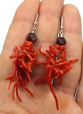 Orecchini Donna Vero Corallo Rosso Salmone Frange Pendenti Argento 925 Ambra