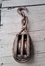 Antico Bozzello Con 2 Pulegge In Legno Gancio Ferro Recupero Navale Originale 