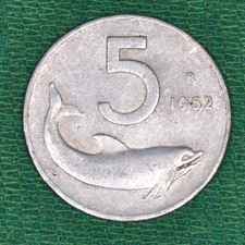 moneta 5 lire delfino 1952 