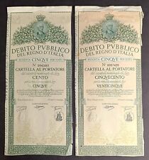 1935 2 CARTELLE AL PORTATORE DEBITO PUBBLICO DEL REGNO D’ ITALIA  500 E 100 LIRE