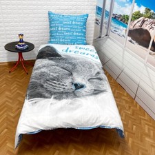 Gatto Blu Set 2pezzi Letto Singolo Copripiumino 160x200cm,Biancheria Ragazzi