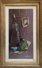 Natura morta con clarinetto - Dipinto a olio su tela di Alfano Dardari, Italia