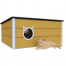 QLS Cuccia per Gatti in Legno 73x52x38 cm con Tenda Resistente alle Intemperie Isolata Giallo Miele