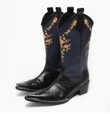 Stivali western metà polpaccio metallo rosso punta ricamo uomo scarpe floreali oversize