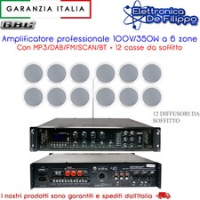 Amplificatore professionale 100V/350W a 6 zone MP3/DAB/FM/SCAN/BT con 12 casse