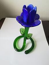 Elegante portacandela in vetro blu e verde a forma di fiore