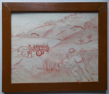 ARTE NAIF mietitura in montagna - disegno sanguigna ENRICO COPETTA COEN 1925-89