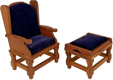 Poltrona e pouf vintage casa delle bambole - tappezzeria legno e velluto nero - 1:12