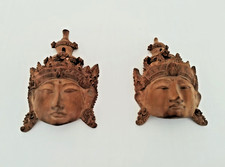 Coppia Piccole Maschere Balinesi Thailandesi in Legno Vintage Anni 70 Scolpite