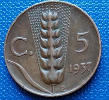 MONETA REGNO V.E.III 5 CENTESIMI SPIGA 1937, RARA,RAME 3,34 GRAMMI. ROMA,BB QBB