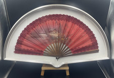 Quadro ventaglio ventaglierà rosso decorato mano ricamo vintage
