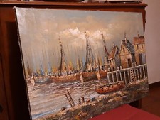 Olio su tela vintage firmato - Marina con barche a vela - cm 87 x 60