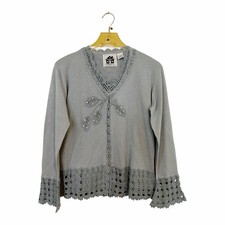 Cardigan canotta Storybook Knits Twin Set blu polvere uncinetto perline taglia S Ramie