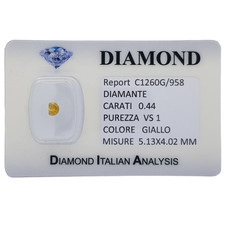 DIAMANTE GIALLO TAGLIO FANTASIA 0.44 CT in BLISTER CERTIFICATO