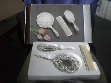Vintage New Silver Plated Vanity Dressing Table Set with Mirror, Comb+Brush