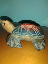Tartaruga d'acqua vintage in legno scultura dipinta a mano 14 x 9,5 x 6,5
