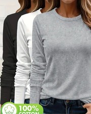 3 pezzi Maglia Manica Lunga Donna 100% Cotone SET Bianco, Grigio, Nero