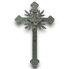 ANTICO CROCIFISSO PUNTALE BRONZO CON RAGGIERA CHIESA 1800 SEC XIX