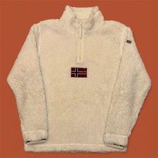 Vintage Napapijri Uomo 1/4 Zip Pile Profondo Pile Pile Beige Sherpa Piccolo Quarto 
