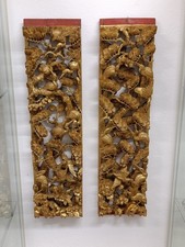 Cina, 2 Pannelli Cinesi In Legno Dorato Intagliato a Mano Scena Naturale Uccelli