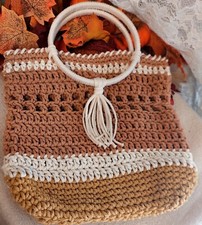 Borsetta Da Donna Ragazza 30x30 Cm All'uncinetto  Estiva Cammello/panna/cannella