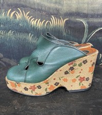 Sandali vintage anni 70 pelle verde ritagliato plateau zeppa tacco glam disco psich 6