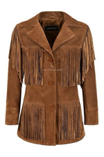 Giacca da donna in pelle scamosciata con frange western marrone - stile cowboy classico in vera pelle scamosciata