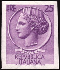 Siracusa Lire 25 n. Filigrana I Star verticale 769, non seghettata