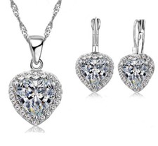 NEW PARURE SET DONNA COLLANA E ORECCHINI CUORE RODIATO ARGENTO 925 CON ZIRCONI