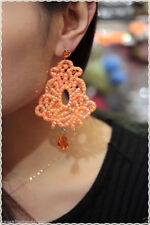 Orecchini pizzo fluo arancio pendenti artigianali con strass colore arancio