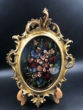 Quadro ovale vintage olio natura morta fiori cornice con le corone d'orato