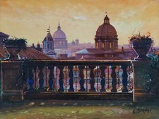 Insegna Dipinto Olio Originale Enrico Sereni Veduta di Roma al Tramonto Arte Contemporanea
